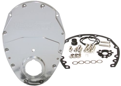 Aeroflow Performance Includes Gaskets, Seals, Roller Cam button, Mounting Hardware and Rep Aeroflow Small Block Chev 350 2-Piece Billet Timing Cover - Silver Finish AF64-4350S SR
