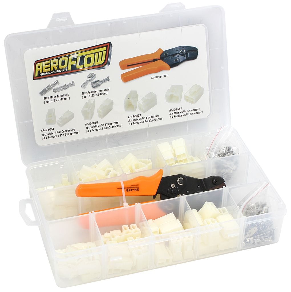 Aeroflow Performance Kit Includes 1,2,3,4 Pin Connectors, Terminals & Crimp Tool Aeroflow Electrical Wire Connector Kit AF49-9550-KIT SR