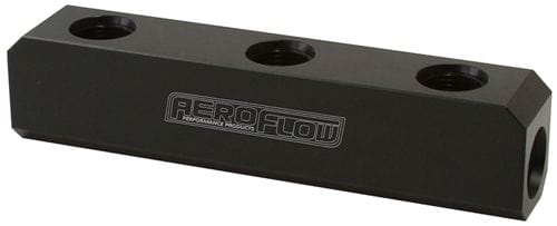 Aeroflow Performance Log has 3 x ORB ports on top and 2 x ORB ports either end. Black Fini Aeroflow Billet 5 Port Fuel Log -12AN AF457-12BLK SR
