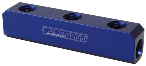 Aeroflow Performance Log has 3 x ORB ports on top and 2 x ORB ports either end. Blue Finish Aeroflow Billet 5 Port Fuel Log -8AN AF457-08 SR