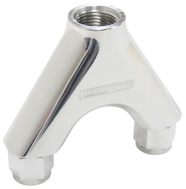 Aeroflow Performance Polished Finish. 2 x -8AN Female, 1 x -10AN Male Aeroflow Billet Y-Block with Female Flare AF939-08-10P SR