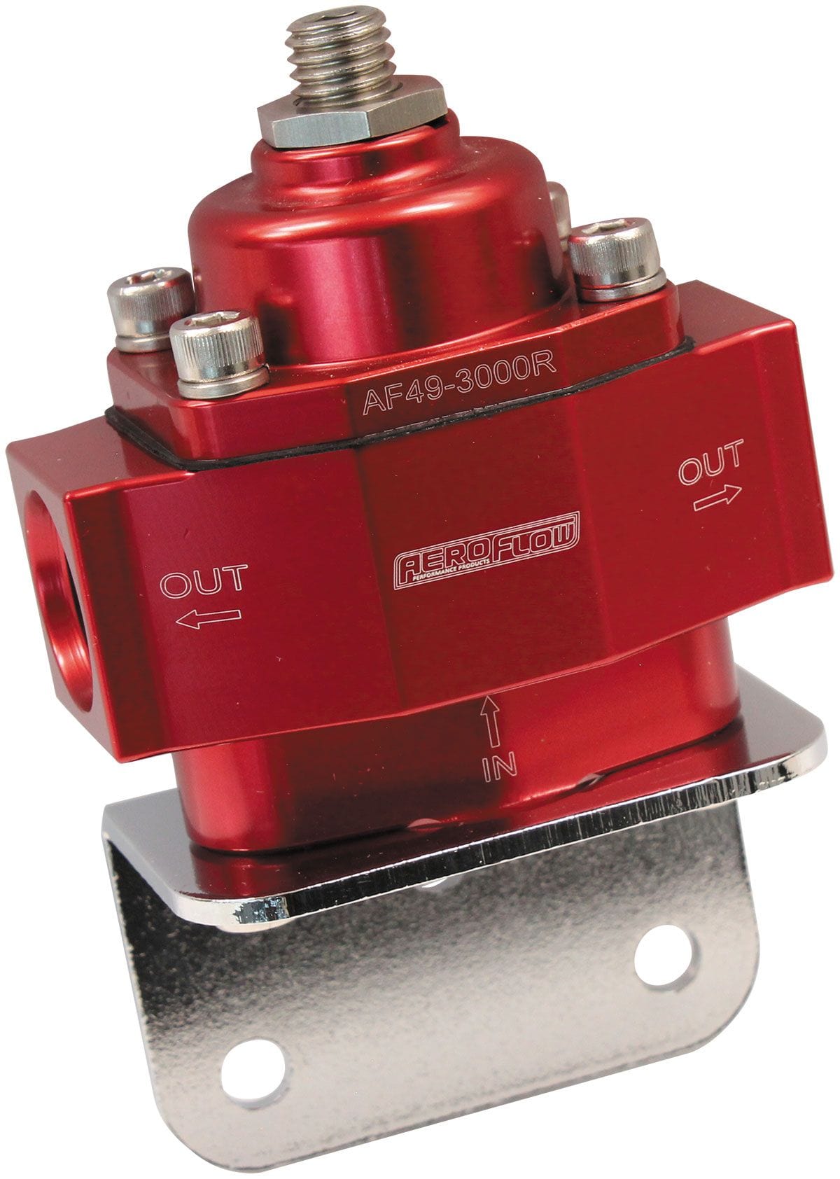 Aeroflow Performance Red Finish. 4.5-9 psi Adjustable Aeroflow Billet 2-Port Fuel Pressure Regulator with -8 ORB Ports AF49-3000R SR