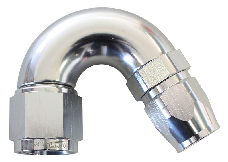 Aeroflow Performance Silver Finish. Suits 100 & 450 Series Hose Aeroflow 550 Series Cutter Style One Piece Swivel 150° Stepped Hose End -10AN to -8 Hose SR
