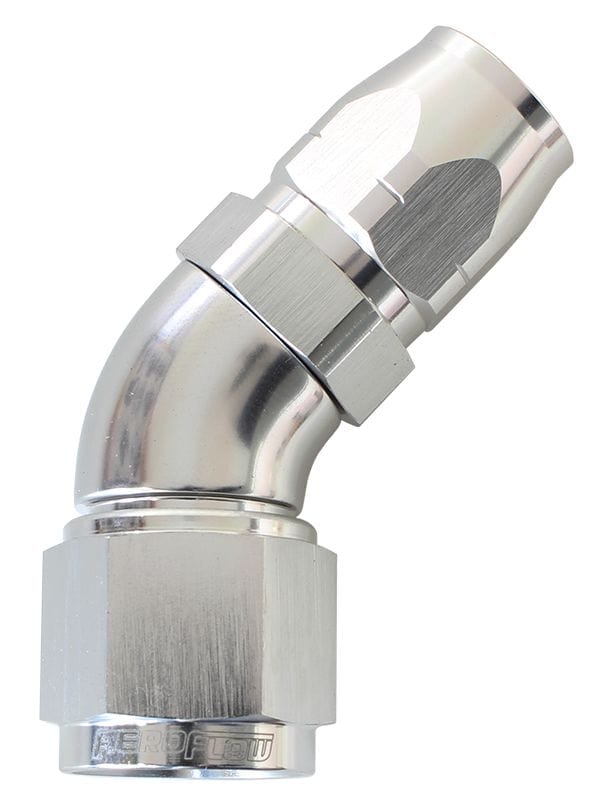 Aeroflow Performance Silver Finish. Suits 100 & 450 Series Hose Aeroflow 550 Series Cutter Style One Piece Swivel 45° Stepped Hose End -16AN to -12 Hose SR