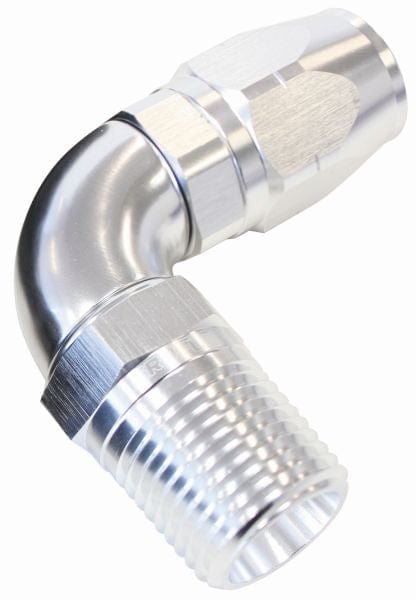 Aeroflow Performance Silver Finish. Suits 100 & 450 Series Hose Aeroflow 90° Male NPT Full Flow Swivel Hose End 3/8" to -8AN AF529-08-06S SR