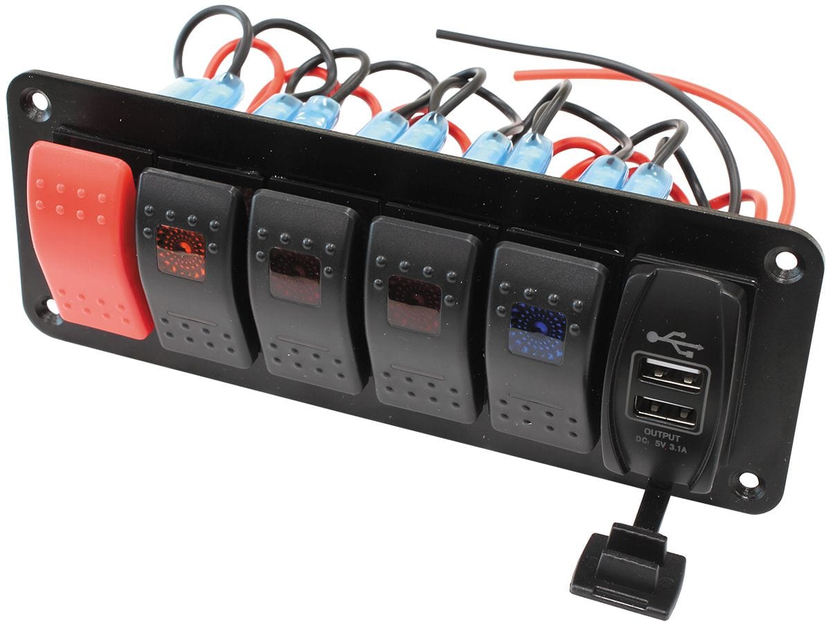 Aeroflow Performance Start, 4 x On/Off Switches, 2 x USB Charging Ports Aeroflow Universal Switch Panel with USB Charging Ports AF49-8000 SR