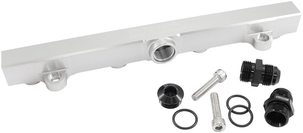 Aeroflow Performance Suit 14mm Full Length Fuel Injectors, -10ORB Ports Aeroflow Mitsubishi Evolution 4-9 4G63 Billet EFI Fuel Rails - Silver AF64-2221S SR
