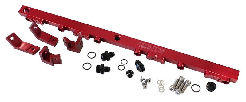 Aeroflow Performance Suit 14mm Full Length Fuel Injectors, -8ORB Ports Aeroflow Ford BA-BF Barra 4.0L DOHC Billet EFI Fuel Rail - Red AF64-2004R SR