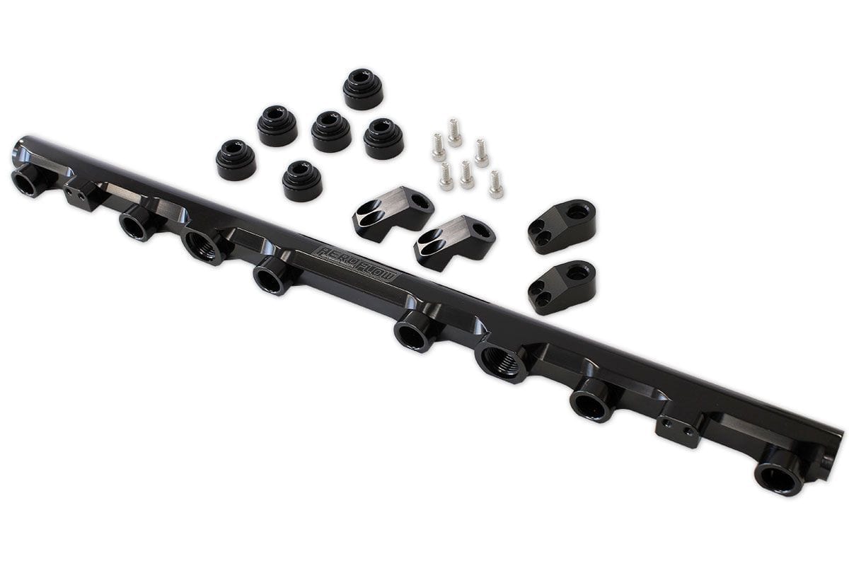 Aeroflow Performance Suit 14mm Full Length Fuel Injectors, -8ORB Ports Aeroflow Toyota 2JZ-GTE Billet EFI Fuel Rail - Black AF64-2259BLK SR