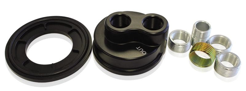 Aeroflow Performance Universal fitment, -8 ORB ports, Black anodised finish Aeroflow Billet Oil Filter Block Adapter AF64-2076 SR