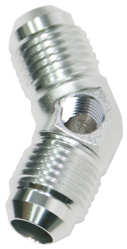 Aeroflow Performance With 1/8" NPT Port. Silver Finish Aeroflow 45° Male Flare Union -8AN AF827-08PS SR