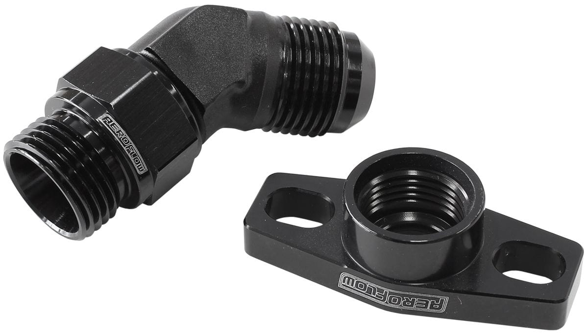 Aeroflow Performance With -10AN Fitting, 38-44mm Hole Centres. Black Finish. Aeroflow 45° Turbo Drain Adapter AF463-12 SR