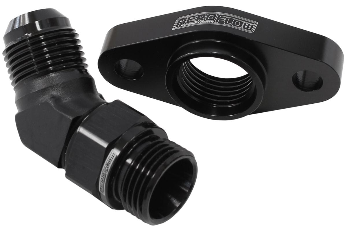 Aeroflow Performance With 45° -10AN Fitting, 51mm Hole Centre. Black Finish. Aeroflow Turbo Drain Adapter AF463-16 SR