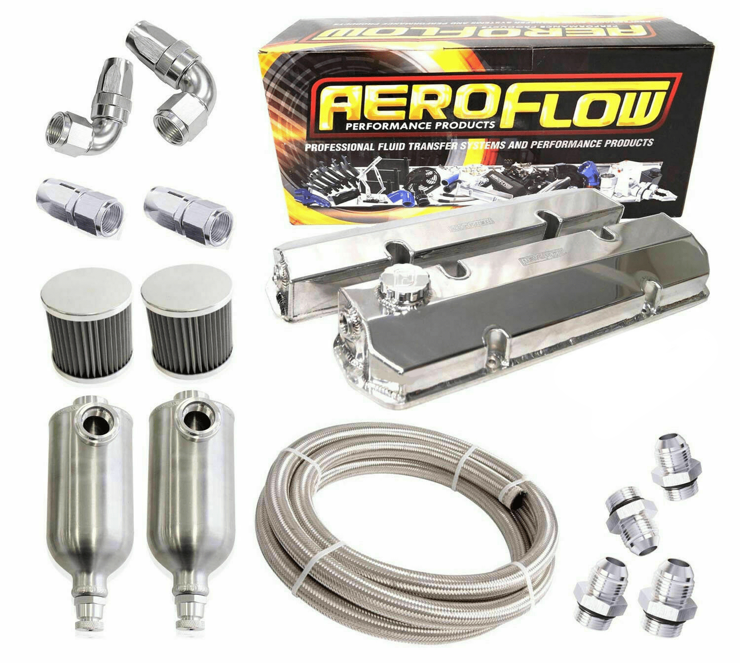 Aeroflow Pre-made kits Silver CARB - HOLDEN COMMODORE V8 5.0 304 ALLOY ROCKER COVERS & BREATHER CATCH CAN SR