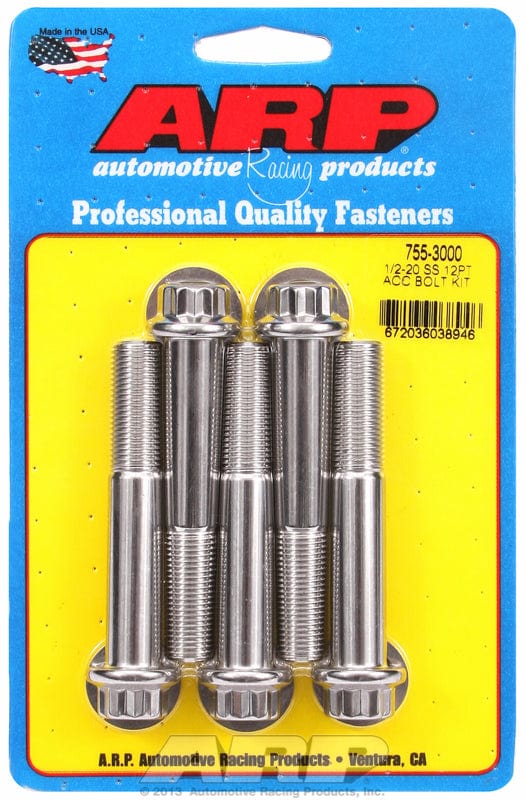 ARP 1/2" UNF x 3.000" UHL With 9/16" Socket Head ARP fasteners 5-Pack Bolt Kit, 12-Point Head S/S AR755-3000 SR