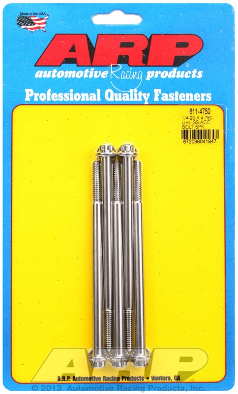 ARP 1/4" UNC x 4.750" UHL With 5/16" Socket Head ARP fasteners 5-Pack Bolt Kit, 12-Point Head S/S AR611-4750 SR