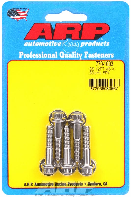ARP 6mm x 1.00 x 30mm UHL With 8mm Socket Head ARP fasteners 5-Pack Bolt Kit, 12-Point Head S/S AR770-1003 SR