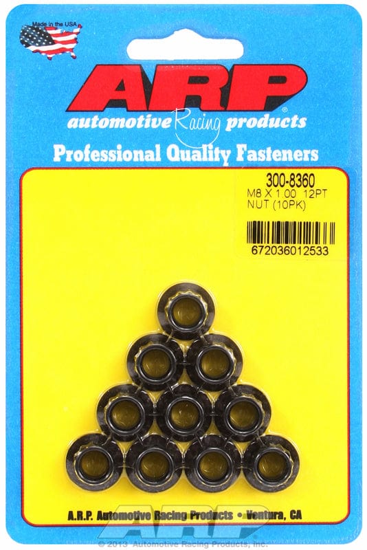 ARP 8mm X 1.00 Thread, 10mm Socket (10-Pack) ARP fasteners 12-Point Nut, Chrome Moly Black Oxide AR300-8360 SR
