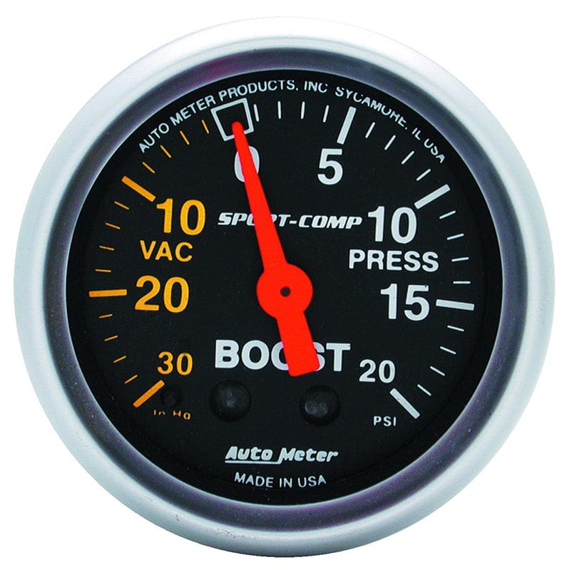 AUTOMETER 2-1/16", Full Sweep Mechanical, 30 In. Hg./20 psi Auto Meter Sport-Comp Series Boost/Vacuum Gauge AU3301 SR