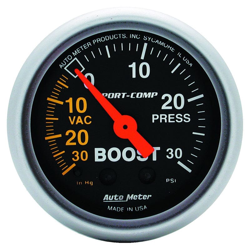 AUTOMETER 2-1/16", Full Sweep Mechanical, 30 In. Hg./30 psi Auto Meter Sport-Comp Series Boost/Vacuum Gauge AU3303 SR