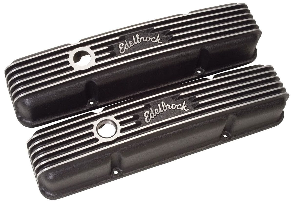 EDELBROCK 1959-86 Small Block Chevy 262-400 with oil fill hole, 3-1/2" overall Edelbrock Classic Aluminium Series Valve Covers - Black Finish ED41443 SR
