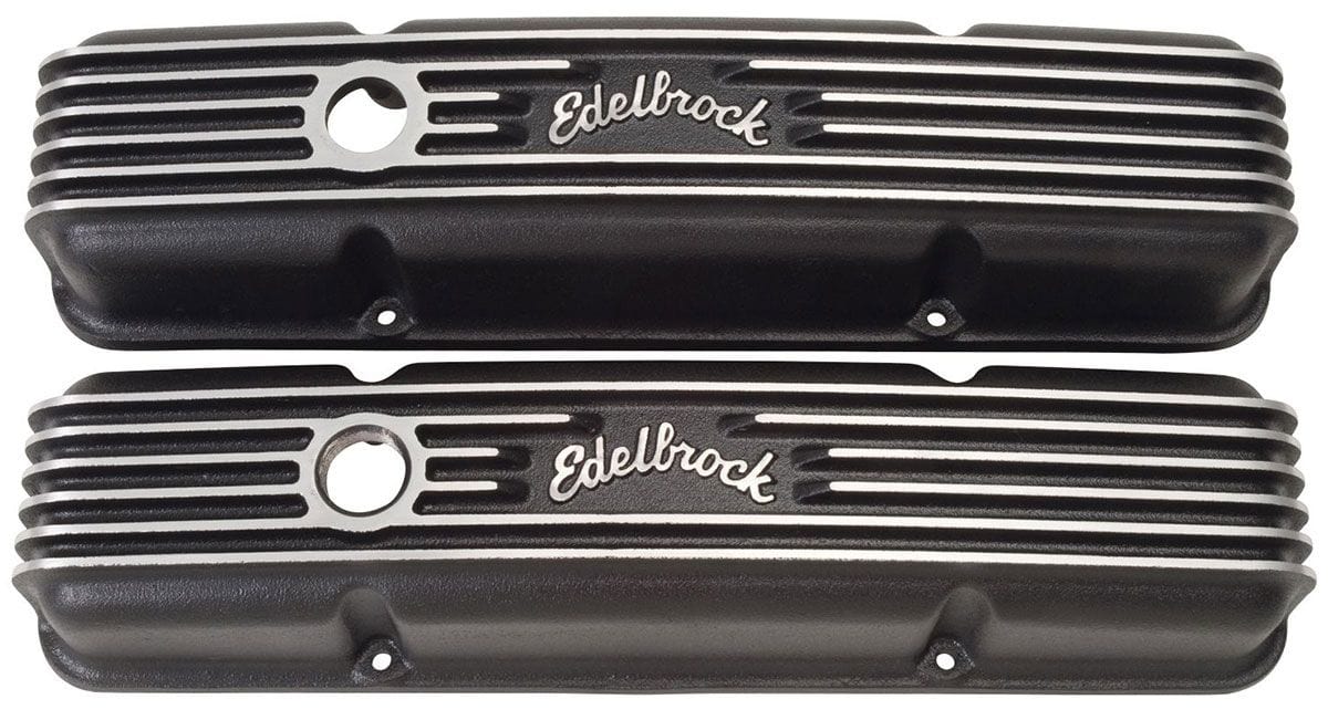 EDELBROCK 1959-86 Small Block Chevy 262-400 with oil fill hole, 3-1/2" overall Edelbrock Classic Aluminium Series Valve Covers - Black Finish ED41443 SR