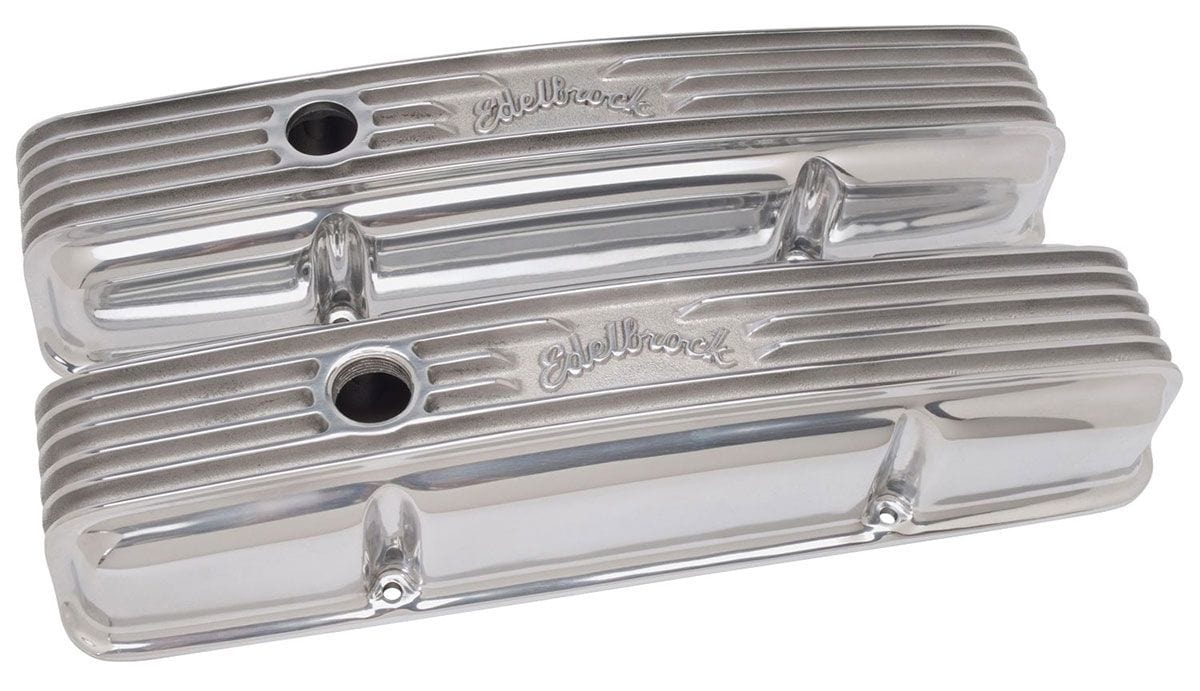 EDELBROCK 1959-86 Small Block Chevy 262-400 with oil fill hole, 3-1/2" overall Edelbrock Classic Aluminium Series Valve Covers - Polished Finish ED4144 SR