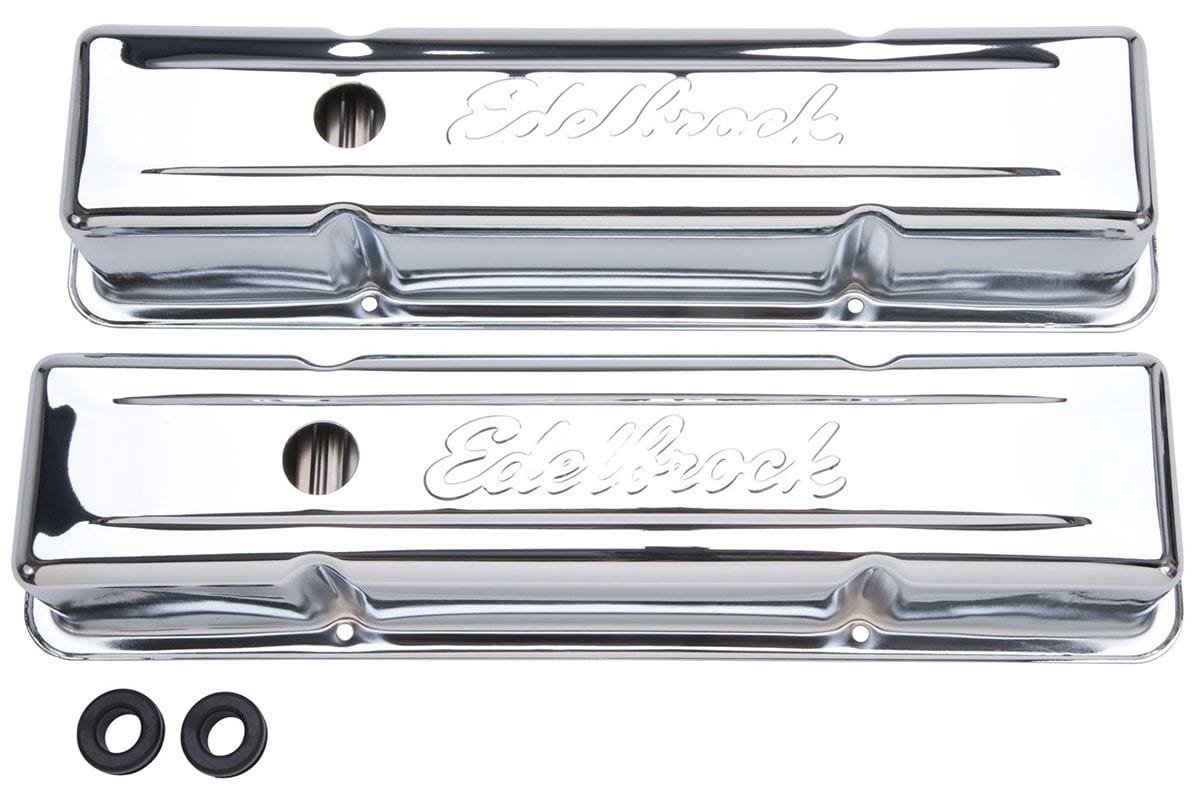 EDELBROCK Chevrolet 262-400 '59-86 (tall), 3.7" overall height Edelbrock Signature Series Chrome Valve Covers ED4649 SR