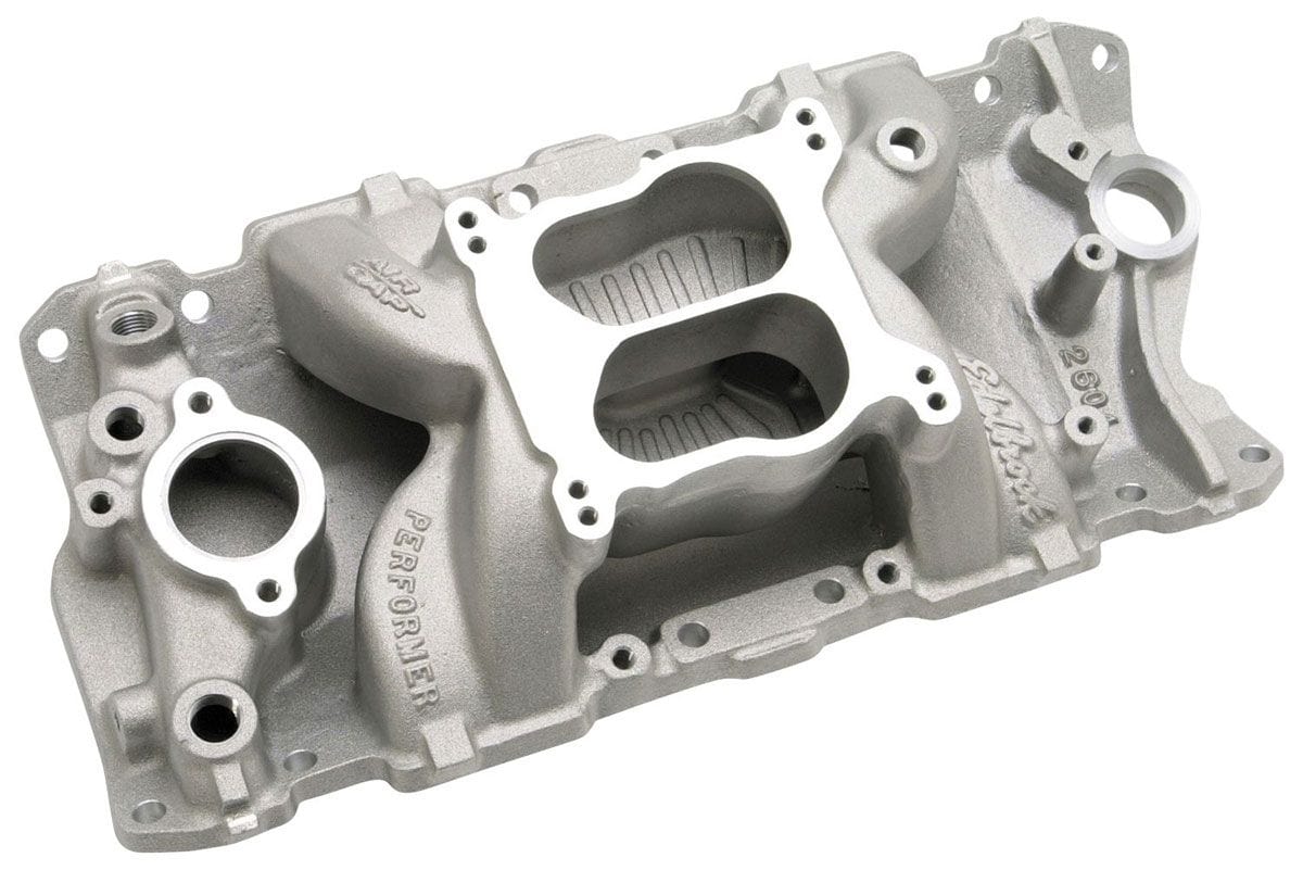 EDELBROCK Small Block Chevy 1987-95 cast iron heads, Idle - 5500 rpm, Dual Plan Edelbrock Performer Air-Gap Intake Manifold ED2604 SR