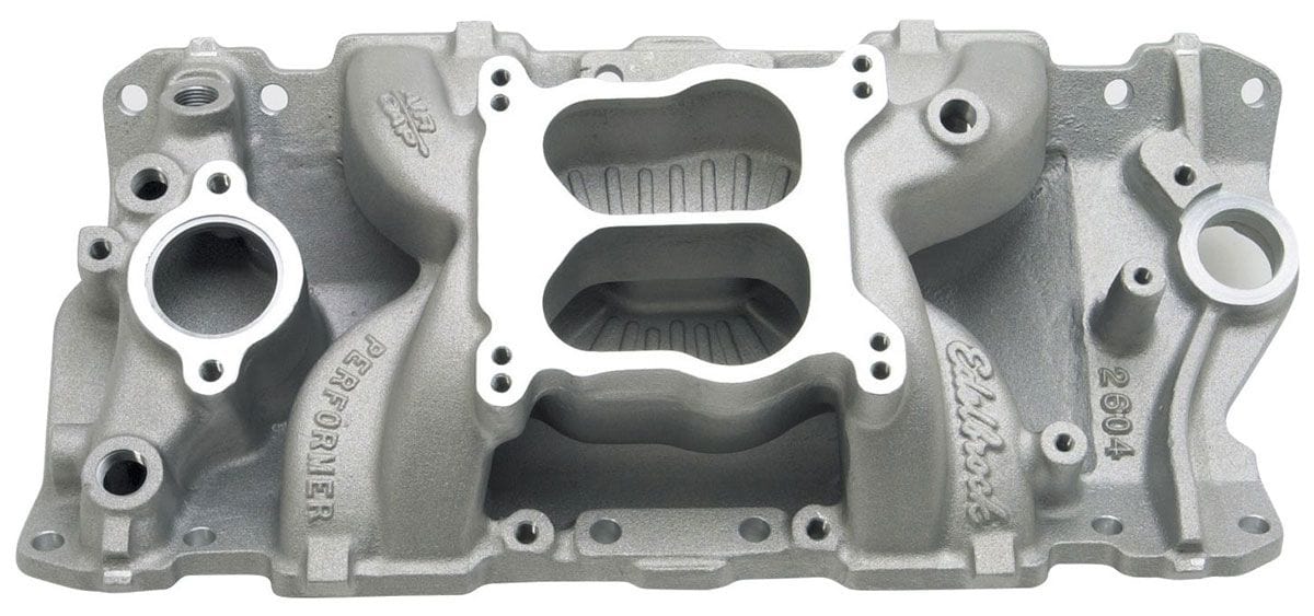 EDELBROCK Small Block Chevy 1987-95 cast iron heads, Idle - 5500 rpm, Dual Plan Edelbrock Performer Air-Gap Intake Manifold ED2604 SR