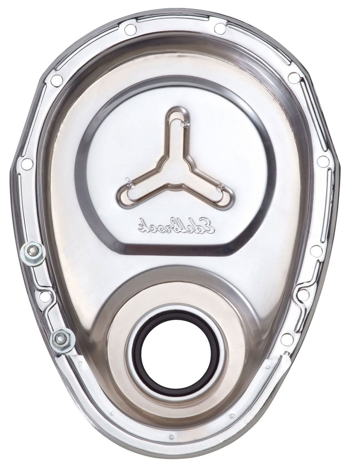 EDELBROCK Small Block Chevy, with Welded Reinforcement Plate Edelbrock Chrome Timing Cover ED4860 SR