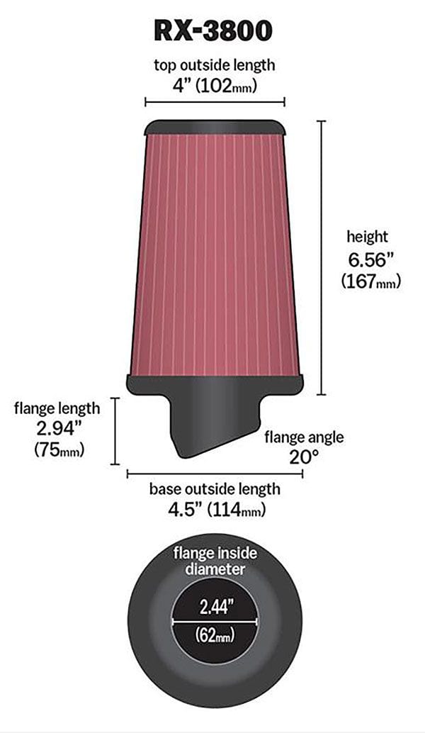 K&N 4 in (102 mm) H x 4.5 in (114 mm) OD - KNRX-3800 K&N K&N X-Stream Universal Clamp On Filter Fits 2.438 in (62 mm) KNRX-3800 SR