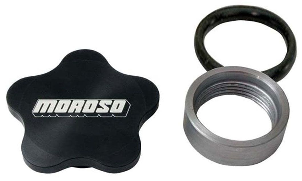 MOROSO 1-3/8" -12 UNF Threads, 2.6" OD Moroso Weld-On Filler Cap Aluminium, Black Anodised With Logo MO85283 SR