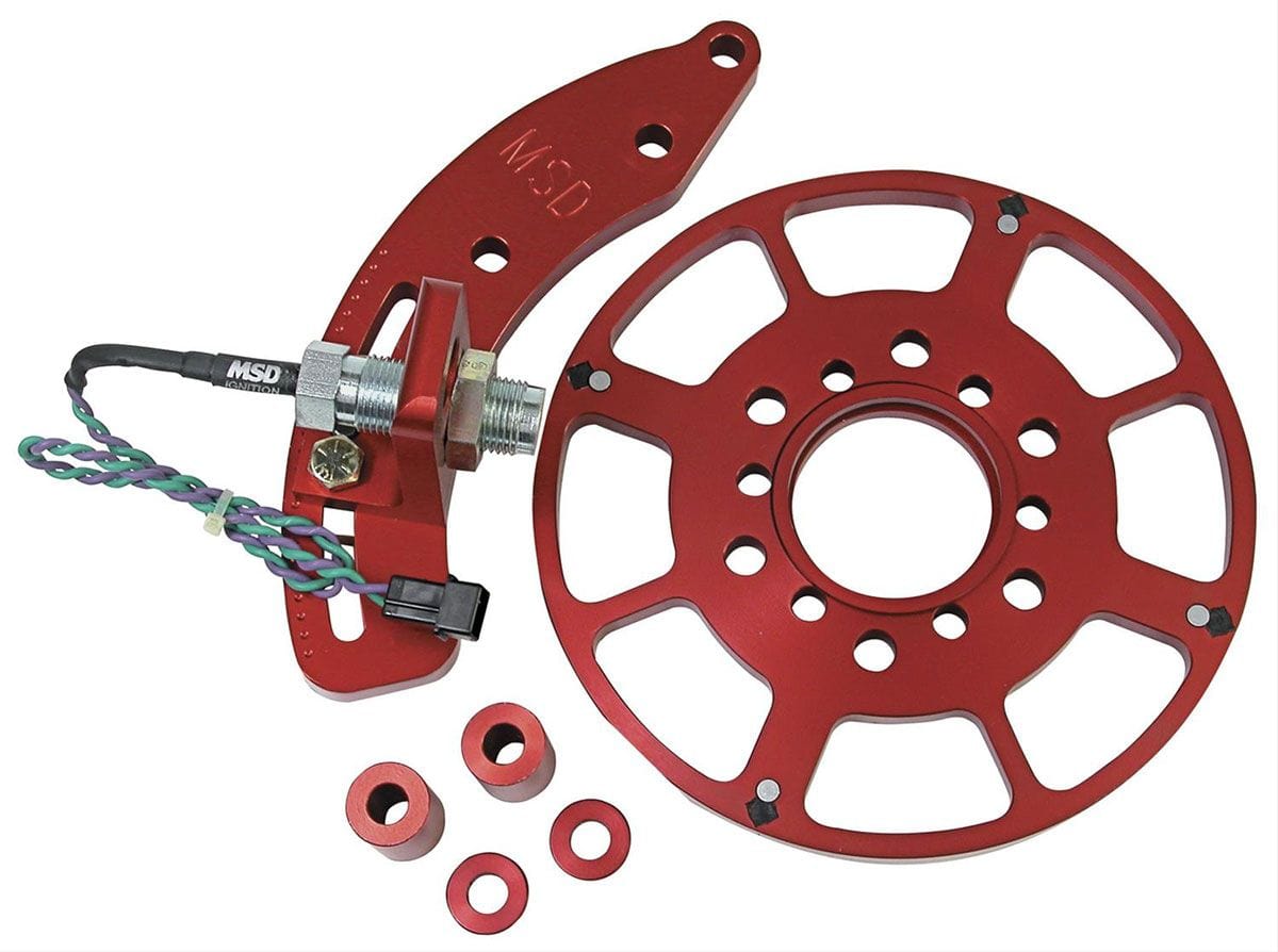 MSD Small Block Chevy, with 8" Harmonic Balancer, Red Anodised Billet Alu MSD Flying Magnet Crank Trigger MSD8615 SR