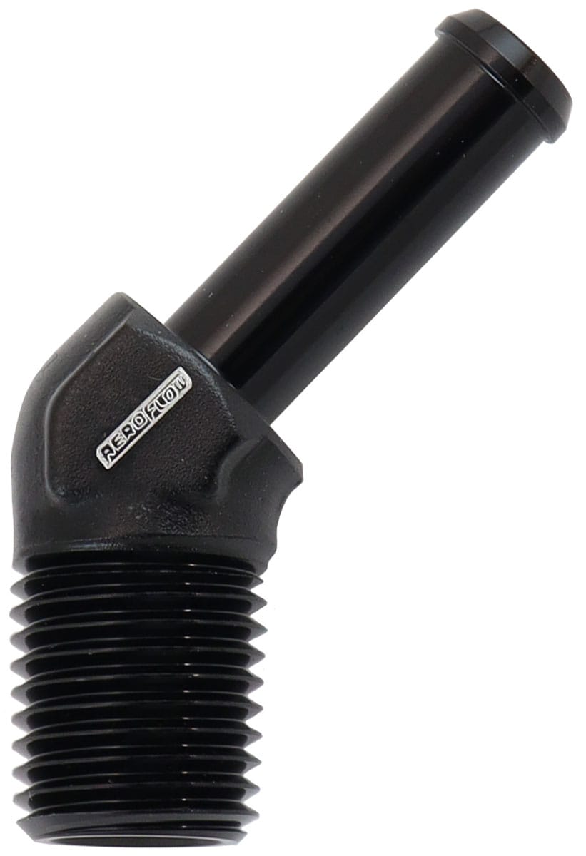 Aeroflow Performance 45 DEG 1/4" NPT TO 5/16" BARB (AF845-04-05BLK) SR