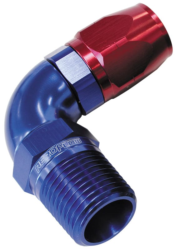Aeroflow Performance Aeroflow 1/2NPT / 8AN / Blue 90° Male NPT Full Flow Swivel Hose End. AF528 Suits 100 & 450 Series Hose SR
