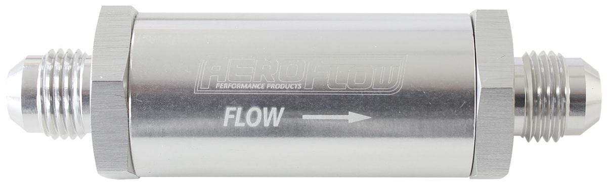 Aeroflow Performance Aeroflow Fittings 6 / Silver Long Inline Fuel & Oil Filter
 Includes 30 Micron Element, 3" Long, 1" O.D SR
