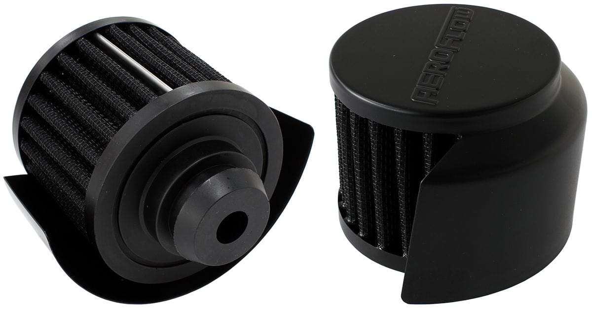 Aeroflow Performance Air Filters AF2271-1516 Black Push In Breather With Black Shield 
3" (76.2mm) O.D. x 2-1/2" (63.5mm) High, 1-1/4" (31.7mm)Flange Inside Diameter SR