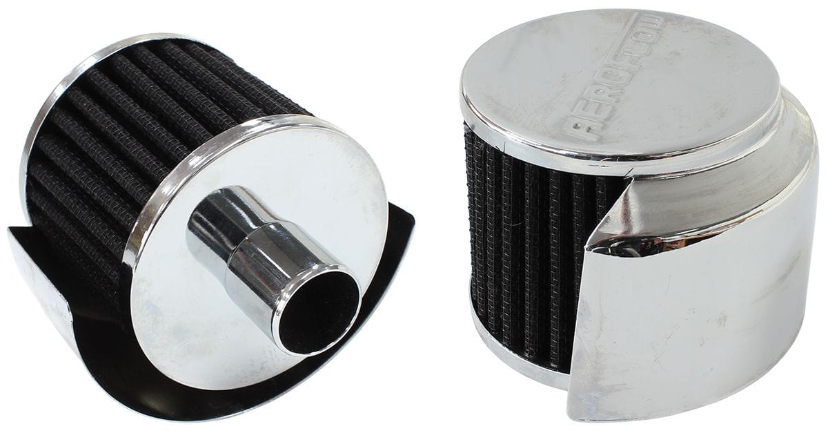 Aeroflow Performance Air Filters AF2871-1520 Chrome Push In Breather With Chrome Shield 
3" (76.2mm) O.D. x 2-1/2" (63.5mm) High, 1" (25.4mm) Flange Inside Diameter SR