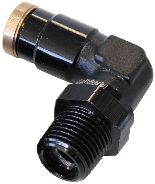 Aeroflow Performance CLEARANCE Aeroflow 120 Series 90° 1/8" NPT to 1/4" Push to Connect Fitting AF123-04-02BLK SR