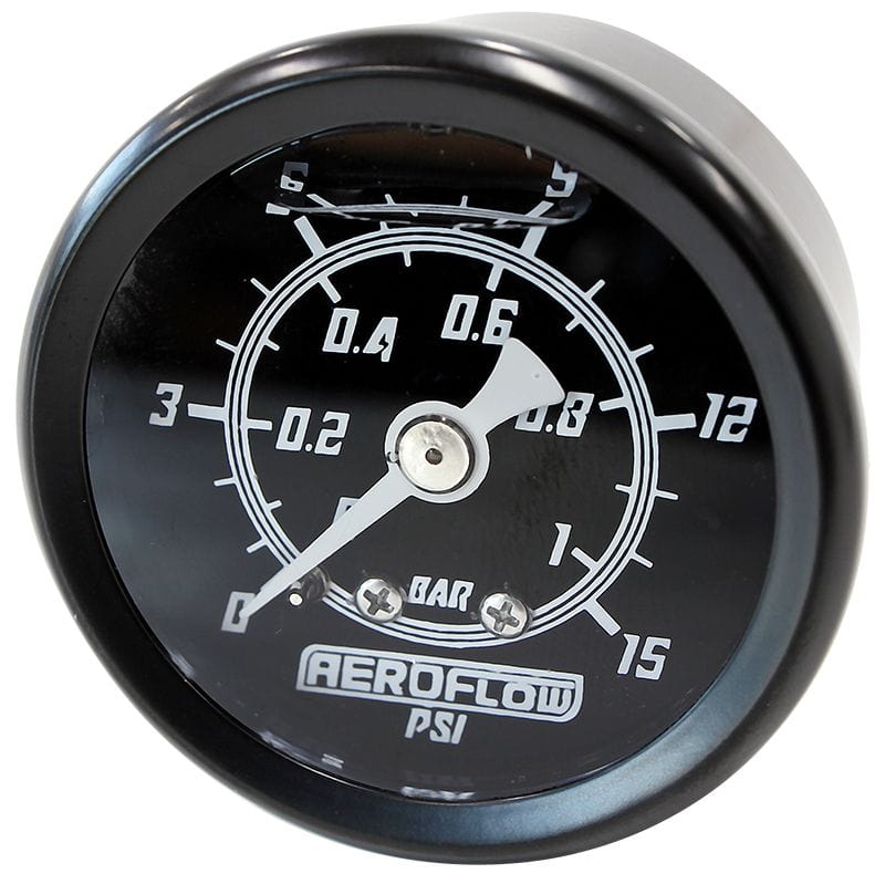 Aeroflow Performance Fuel Systems AF30-2200 1-1/2" Liquid Filled 15 psi Pressure Gauge 
Black Face, White Pointer, 1/8" NPT Male Thread SR