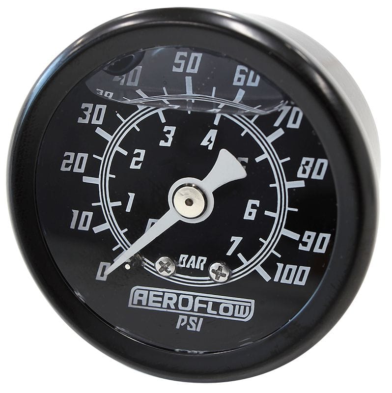 Aeroflow Performance Fuel Systems AF30-2201 1-1/2" Liquid Filled 100 psi Pressure Gauge 
Black Face, White Pointer, 1/8" NPT Male Thread SR