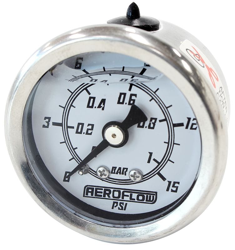 Aeroflow Performance Fuel Systems AF30-2202 1-1/2" Liquid Filled 15 psi Pressure Gauge 
White Face, Black Pointer, 1/8" NPT Male Thread SR