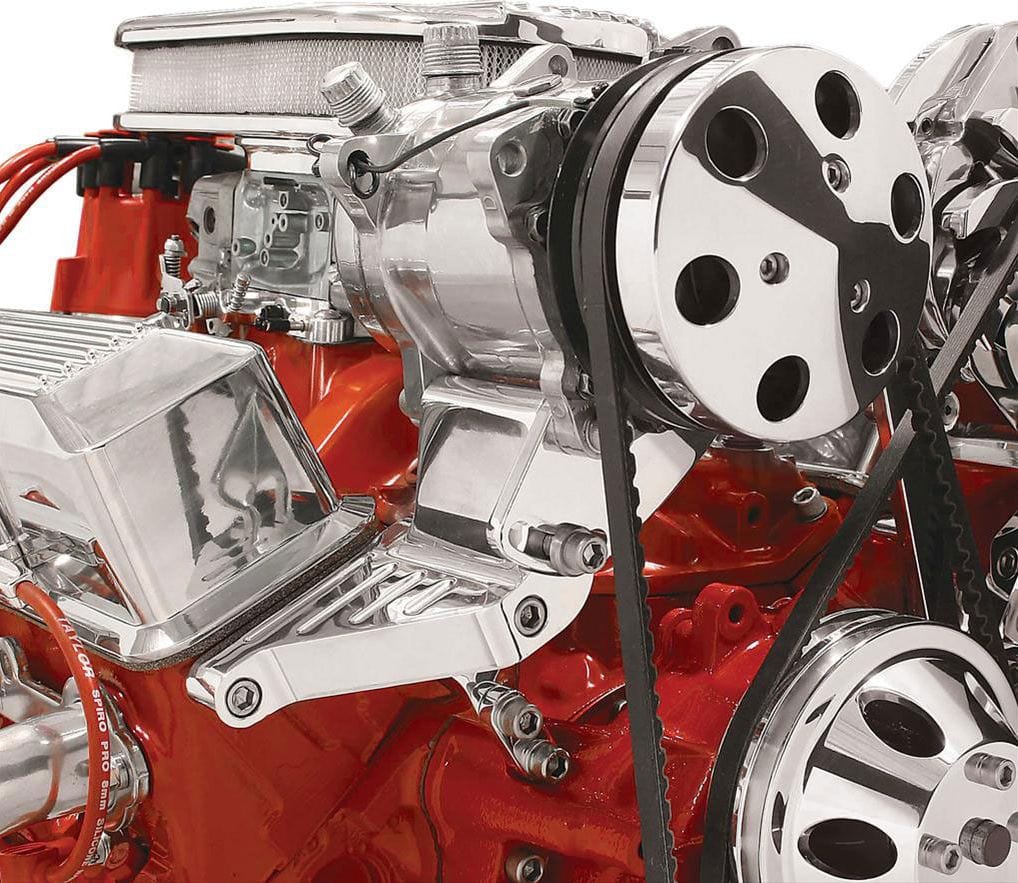 BILLET Suit S/B Chev with Long Water Pump Billet Specialties Top Mount A/C Compressor Bracket, Polished BS11221 SR