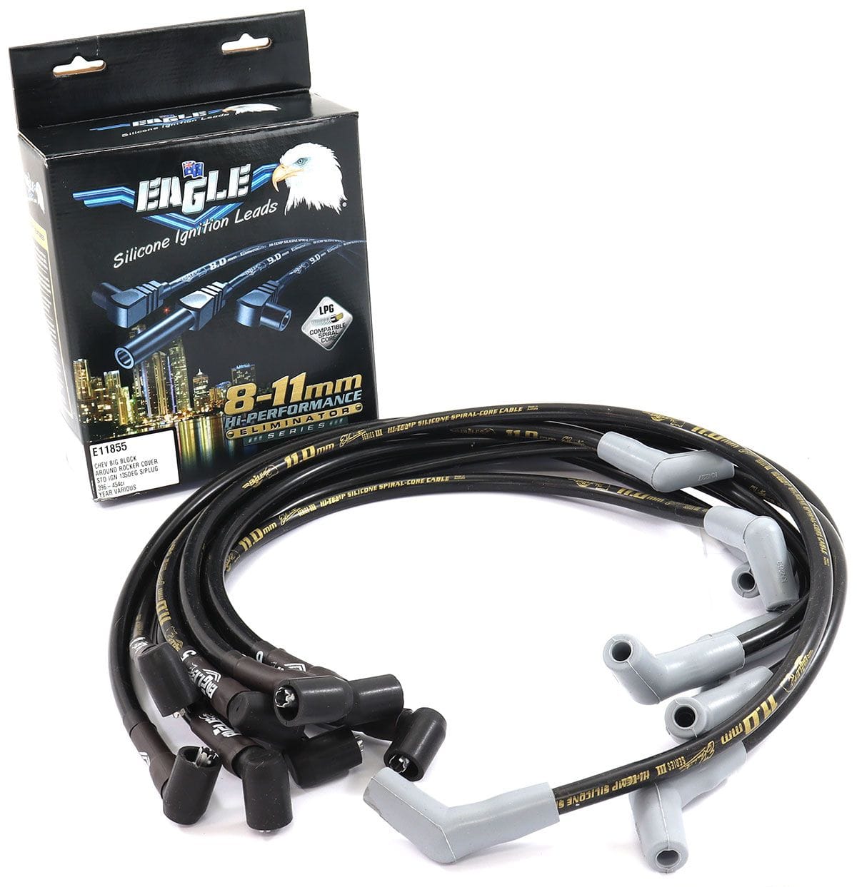 EL Suit BB Chev, 90° Distributor - 145° Spark Plug, STD Ignition Eagle Leads 11mm Eliminator Series III Around Rocker Cover Lead Set - Black ELE11855 SR