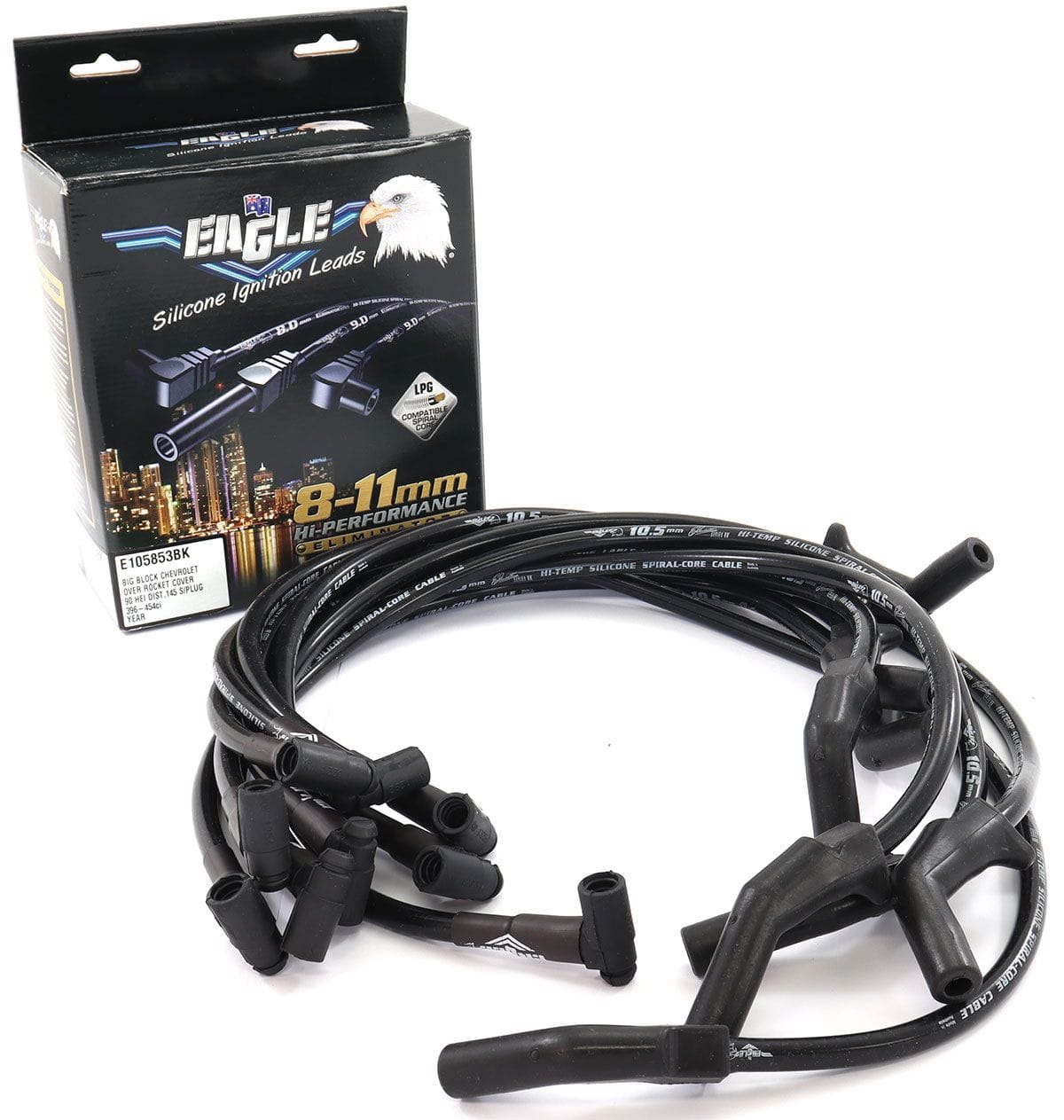 EL Suit BB Chev With HEI Cap 90° Distributor & 145° Spark Plug Eagle Leads 10.5mm Eliminator Series II Over Rocker Cover Lead Set - Black ELE105853BK SR