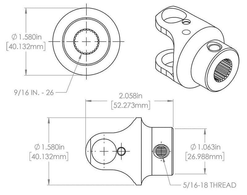 FLAMING 9/16"-26 x 3/4"DD Spline - Smooth Flaming River Billet Universal Joint FR1709DD SR