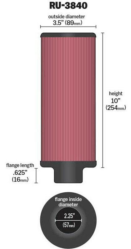 K&N 10 in (254 mm) H x 3.5 in (89 mm) OD - KNRU-3840 K&N K&N Universal Clamp On Filter Fits 2.25 in (57 mm) KNRU-3840 SR