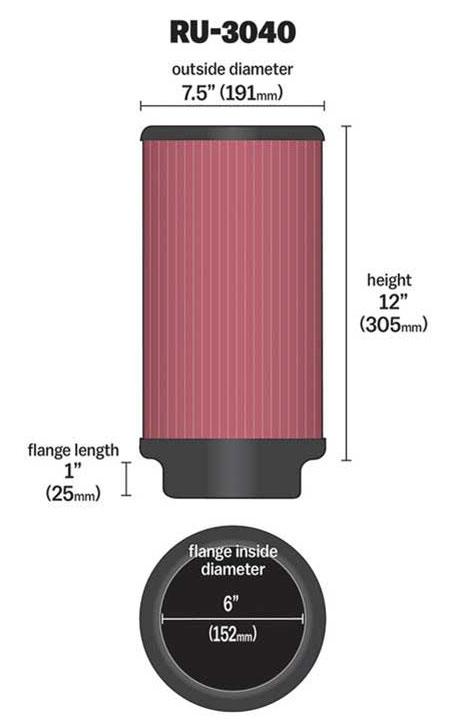 K&N 12 in (305 mm) H x 7.5 in (191 mm) OD - KNRU-3040 K&N K&N Universal Clamp On Filter Fits 6 in (152 mm) KNRU-3040 SR