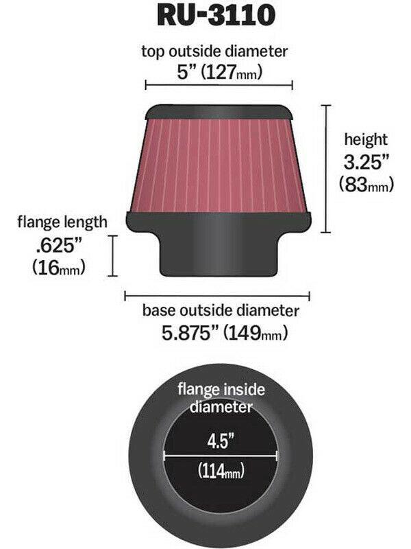 K&N 3.25 in (83 mm) H x 5.875 in (149 mm) Base OD x 5 in (127 mm) Top OD - KNRU-3110 K&N K&N Universal Clamp On Filter Fits 4.5 in (114 mm) KNRU-3110 SR
